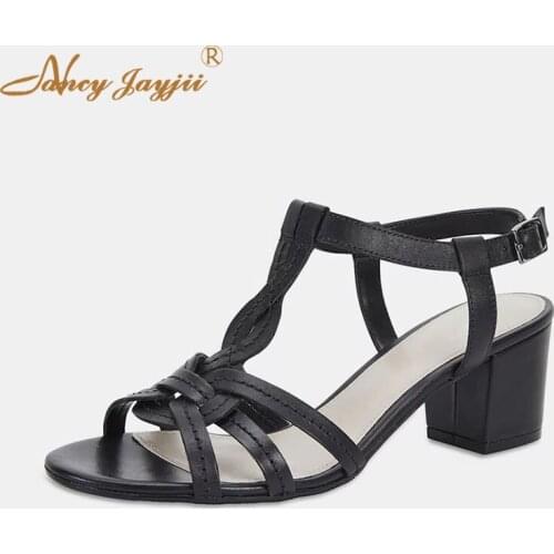 Women Sandals Ankle-Wrap Buckle Strap Black Solid High Square Heels Office&Career Party Mature Concise Ladies Basic 2019