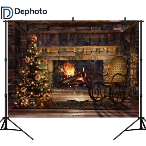 Dephoto Vinyl Photography Background Christmas Tree backdrop Rocking chair Fireplace Indoor Children Backdrops for Photo Studio