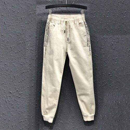 2021 Casual White Jeans Letter Embroidery Cotton Denim Harem Pants Summer New Korea Fashion Women Elastic Waist Loose