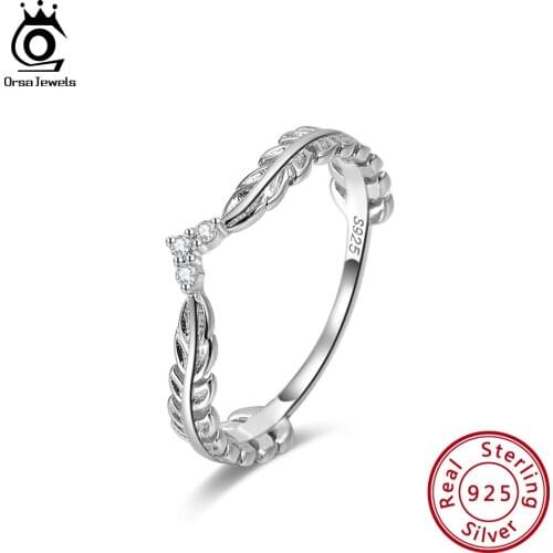 ORSA JEWELS Real Sterling Silver Women Rings Paved Heart AAA Cubic Zirconia Leaf Shape Wedding Band Jewelry Anillos Mujer OSR121