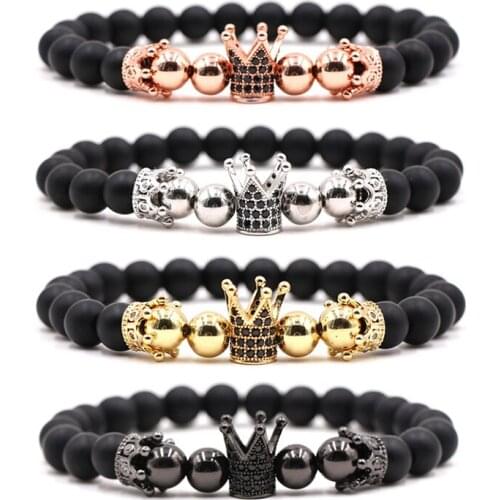 1pc Fashion Micro King Crown Charm Bracelet Handmade Stretch Mens 8mm Copper Beads Women Bracelet Bangle Jewelry 2021