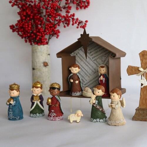 8.5-32cm Kawaii Resin Crafts Christmas Nativity Scene Jesus Figurine Home Ornament Gifts Christ Statue Warm Coming