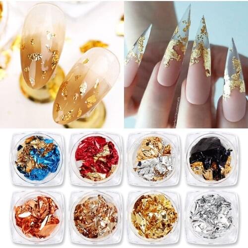 9 Boxes/Set Gold Silver Foil Colorful Glitter 3D Flake Stickers Nail Art Metal Transfer Paper DIY Manicure Decoration