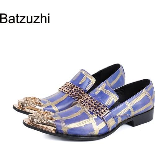 Batzuzhi Italian Style Mens Shoes Gold Metal Toe Genuine Leather Dress Shoes for Mens Business, Party and Wedding, Big EU38-46