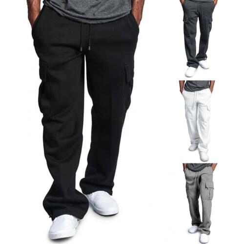 New Loose Jogging Pants Men Solid Color Multi Pockets Trousers Drawstring Loose Sports Straight Pants Sweatpants Male Outdoor