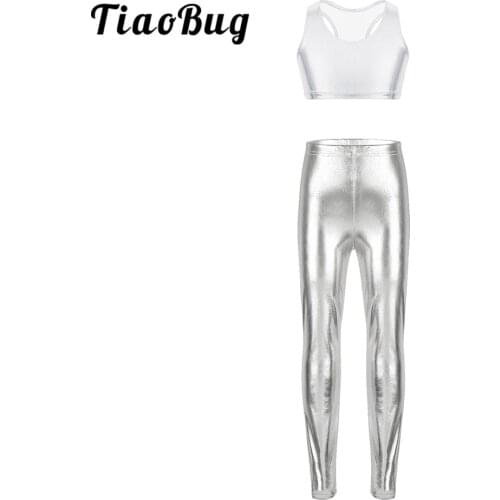 Kids Girls Dancewear Shiny Metallic Sleeveless Racer Back Crop Top with Skinny Pants Leggings for Ballet Dance Stage Performance