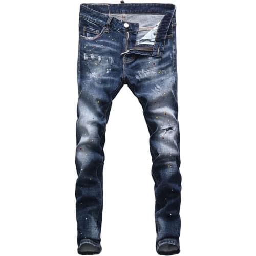 European Street Fashion Men Jeans High Quality Retro Blue Slim Fit Ripped Jeans Men Painted Designer Hip Hop Denim Punk Pants
