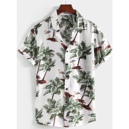 2021 New Fashion Hawaiian Shirt Mens Summer Flamingos Short Sleeve Thin Button Up Cotton Beach Shirts