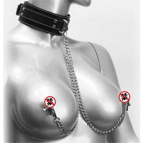 Leather Choker Collar With Nipple Breast Clamp Clip Chain Couple SM Sex Toys