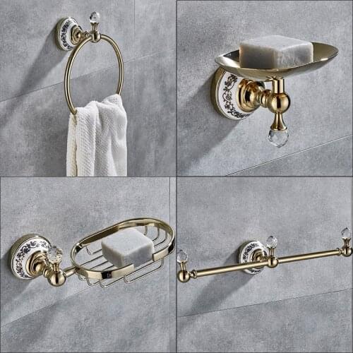 Bathroom Crystal Gold Hardware Set Gold Polished Brass Towel Ring Towel Bar Soap Dish Holder Wall Mounted Bathroom Accessories
