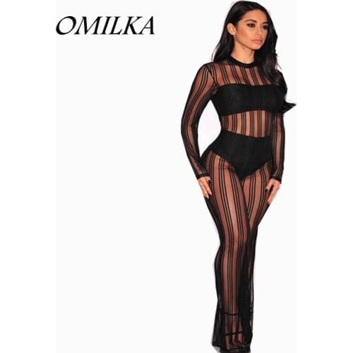 OMILKA Black Sheer Mesh Jumpsuits 2020 Sexy Women Long Sleeve Wide Leg Bodycon Transparent Night Club Party Jumpsuits Overalls