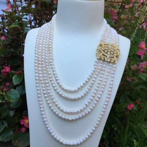 Hand knotted 5rows natural 5-6mm white nearl round freshwater pearl temperament micro inlay zircon necklace 45-60cm