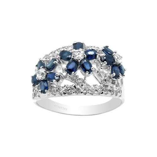 Luxury Silver Flowers Ring with Gemstones 3mm*4mm Natural Sapphire Silver Ring for Party 925 Silver Sapphire Jewelry
