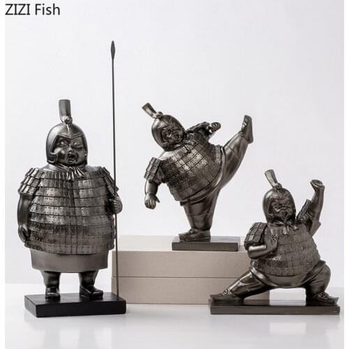Chinese Style Fat Soldier Sculpture Retro Terracotta Abstract Figure Statue Figurine Book End Living Room Countertop Decoration