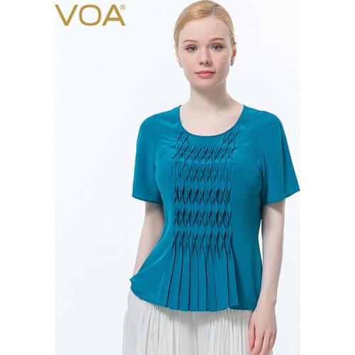 VOA silk crepe de Chine indigo blue crewneck short sleeve invisible side-pull fold pleating simple temperament T-shirt BE686