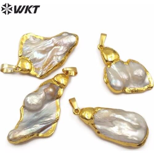 WT-JP104 WKT Natural Irregular Shape Bohemian Style Freshwater Pearl Pendant Random Size Lady Gold Wrap Pendant for Gift