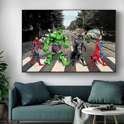 Funny Marvel Superheroes Cartoons on The Road Hulk Canvas Painting Poster and Prints Wall Art Pictures for Childrens Room