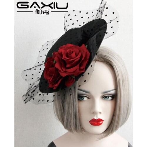 Red Rose Flower Hat Tiara Hair Jewelry For Women Lace Party Wedding Hair Clips Female Halloween Vintage Sexy Head Jewelry 2019