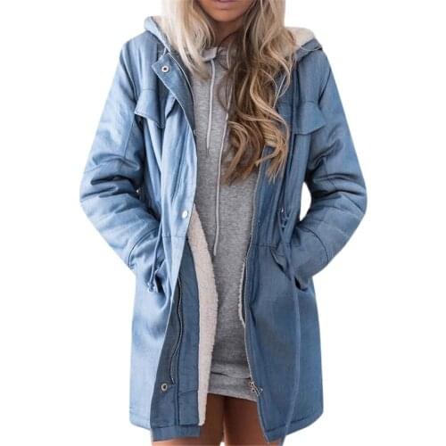 UVRCOS Womens Hooded Jackets Plush Coat Casual Long Sleeve Denim Jacket Long Jean Outwear Overcoat Feminine Coat