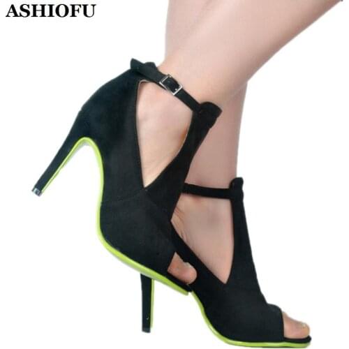 ASHIOFU New Real Photos Womens High Heel Sandals H-style Peep-toe Party Prom Shoes Plus Size Faux-suede Evening Fashion Sandals