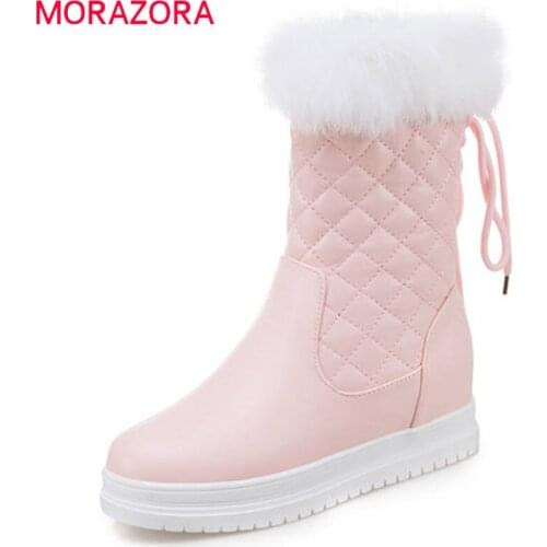 MORAZORA 2020 hot sale mid calf boots high qulity pu round toe zip boots female sweet platform shoes warm winter snow boots