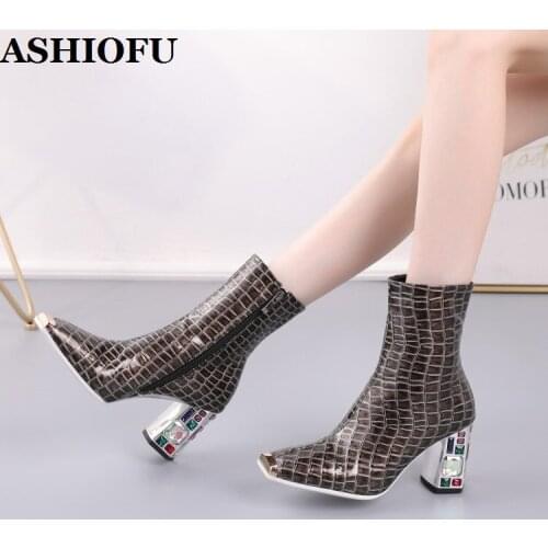 ASHIOFU New European&American Style Womens Boots 2020 New Plaid Rhinestones-heels Ankle Boots Square-toe Fashion Short Boots