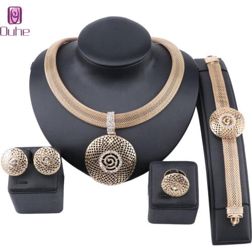 Women Gold Color Crystal Round Penadant Necklace Anniversary Party Wedding Bracelet Ring Earring Gifts Jewelry Sets