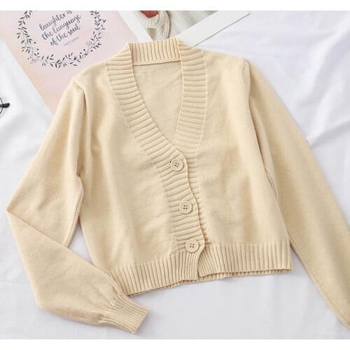 Abrini Women Buttoned Up Cardigans Solid Plain V-Neck Loose Knitting Sweater Preppy Campus Crochet Elegant Casual Preppy Style