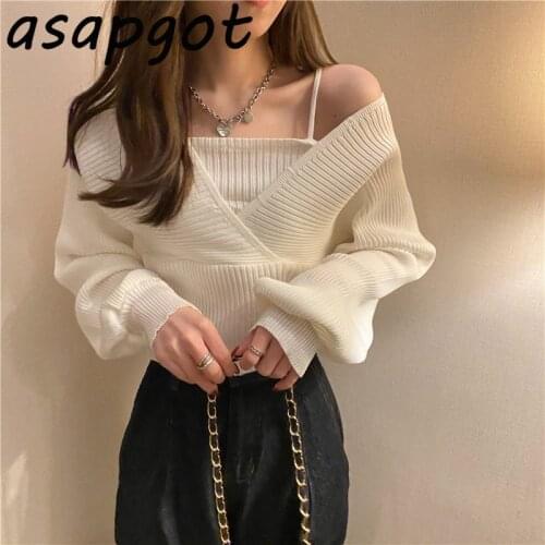 Temperament Solid Slim Autumn Short V Neck White Knitted Tops Bottom Fake Two Pieces Pullovers Sweaters Lady Fashion Chic Korea
