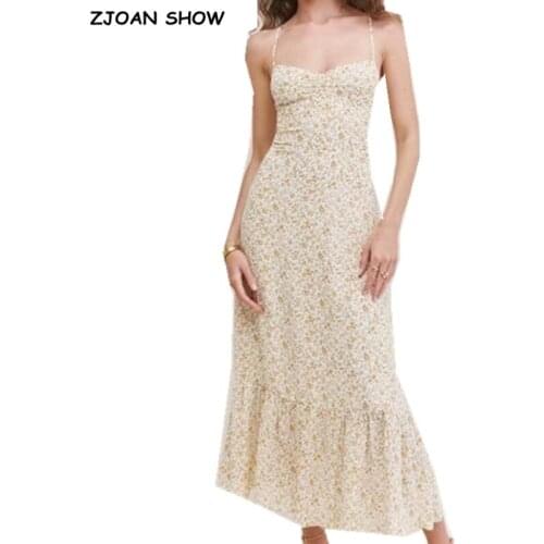 2021 Vintage Summer Wood ears V neck Floral Print Bandage Spaghetti Strap Midi Dress Sexy Women Lacing Up Sling Holiday Dress