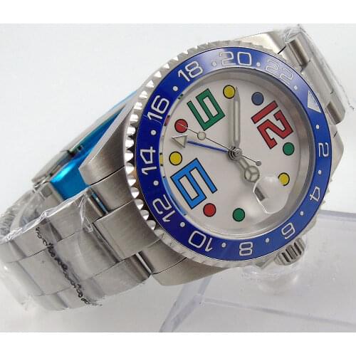 40mm White Dial Self Winding Mens Watch Automatic GMT Movement Sapphire Glass Bracelet Strap Date Window