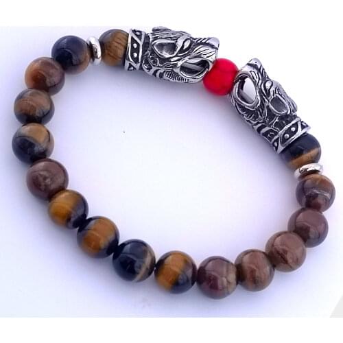 Viking Stainless Steel Wolf Head Bracelet Fashion Tiger Eye Stone Beaded Bracelet for Men and Women Viking Jewelry