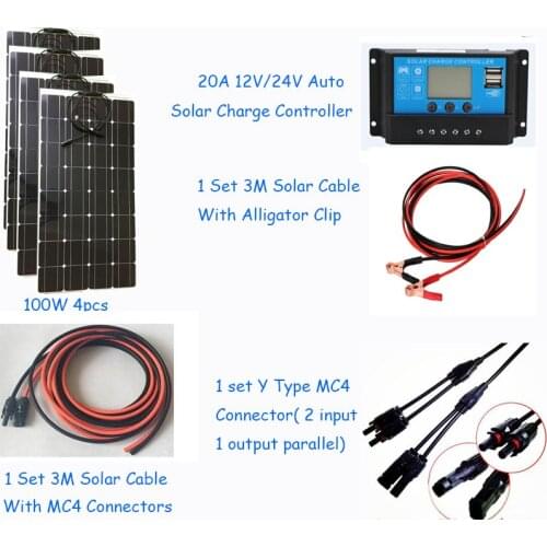 Newly flexible solar panel 100w 4pcs module solar monocrystalline solar cell; 1*20A solar controller; 1 set solar cable 3M