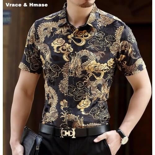 Chinese style Dragon totem pattern fashion slim short sleeve shirt Summer 2017 soft breathable hollow pleuche quality men shirt
