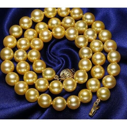 Classic AAA11-12mm south sea round gold pearl necklace 18inch 14K Gold Clasp KKK