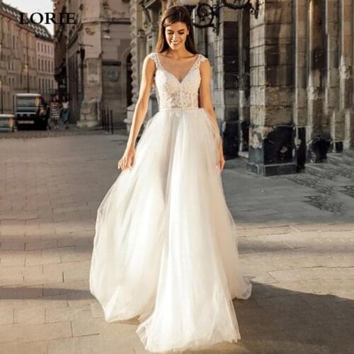 LORIE Lace Boho Wedding Dresses Puff Tulle A Line Vintage Lace Bridal Gown Sexy V Neck Vestido de noiva Wedding Party Gowns