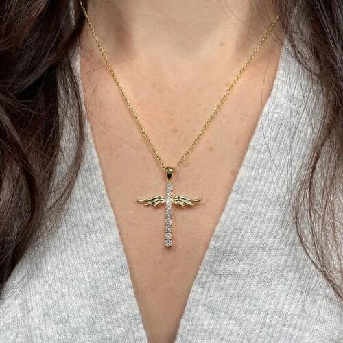 Fashion Crystal Cross Angel Wings Pendant Necklace for Women Gold Silver Color Neck Chain Collar Rhinestone Shinny Neck Pendants