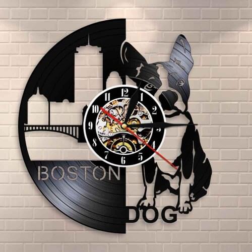Dog Pet Shop Sign Wall Art Boston Terrier Dog Wall Clock Dog Breeds French Bulldog Vinyl Record Wall Clock Puppy Dog Owners Gift