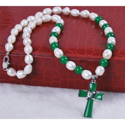 Natural White Akoya Cultured Pearl/Green Jade Cross pendant(25X35MM) necklace
