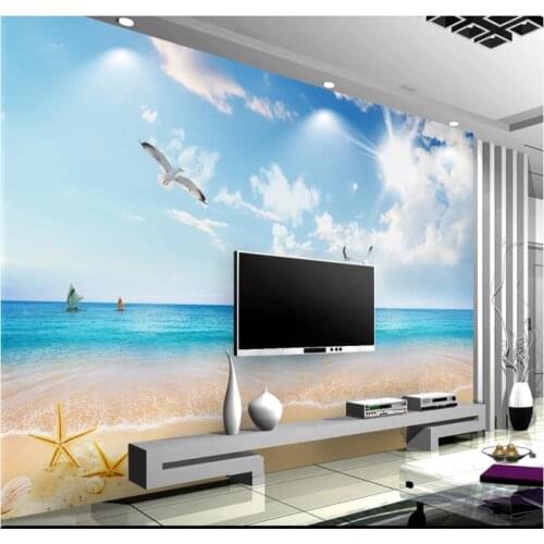 Custom photo wallpaper for walls 3 d murals Blue sky and white clouds seagull beach seascape 3D TV background wall papers
