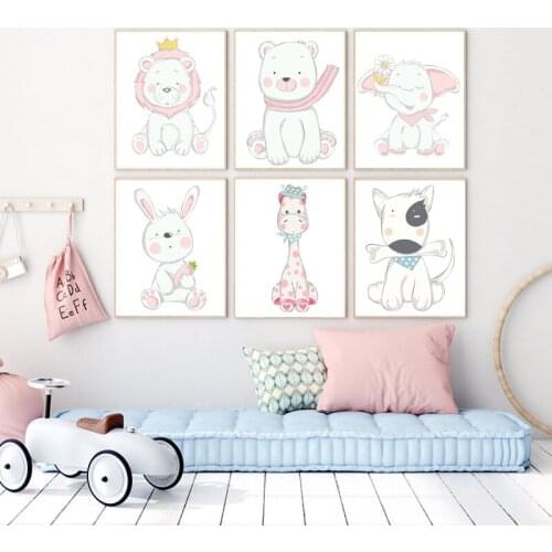 Cute Cartoon Animals Nordic Posters and Prints Nursery Wall Art Canvas Painting Elephant Giraffe Lion Pictures Kids Room Decor