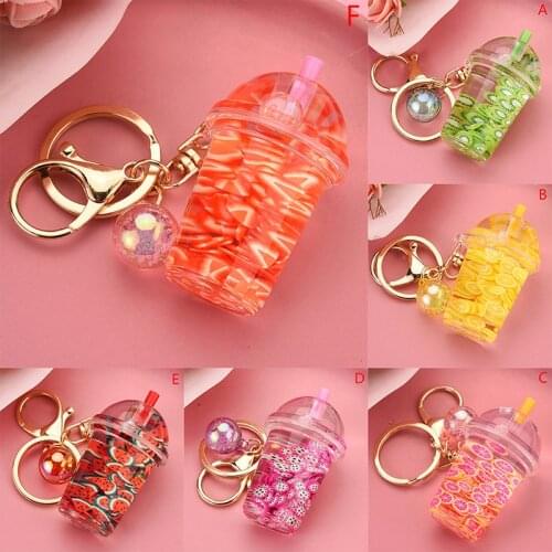 Creative Simulation Fruit Floating Keychain Cute Watermelon Kiwi Liquid Milk Tea Bottle Keyring Women Summer Bag Key Holder