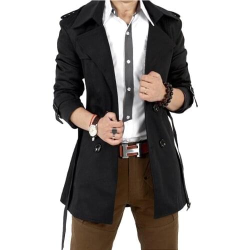 Spring Autumn Black Khaki Mens Windbreaker Jacket Fashion Self-cultivation Double-breasted Mid-length Male Jacket Classic Coat