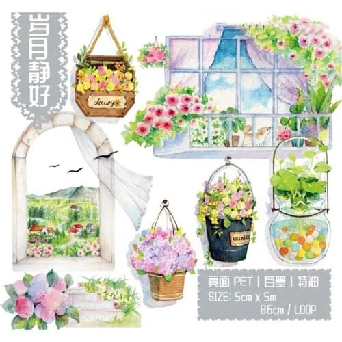 Vintage Flower Window Clear Pet Tapes for Card Making Bullet Journal DIY Scrapbooking Label Stickers