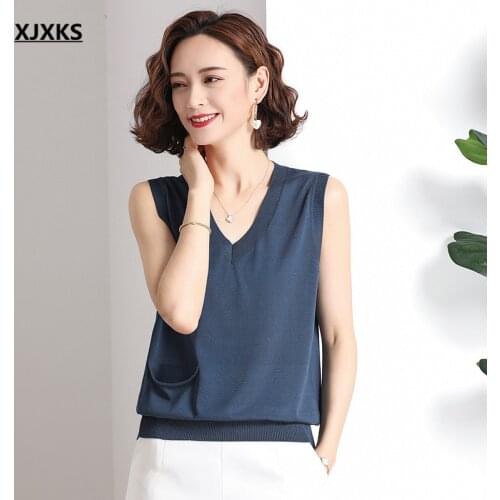 XJXKS 2021 Summer New Comfortable Women Sleeveless T-shirt High Quality Ice Linen Knitted Top Women T-shirt