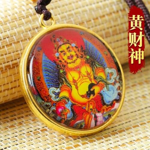 Yellow God of Wealth Buddha Statue Small Thangka Tibetan Buddhism Copper Foil Pendant Necklace