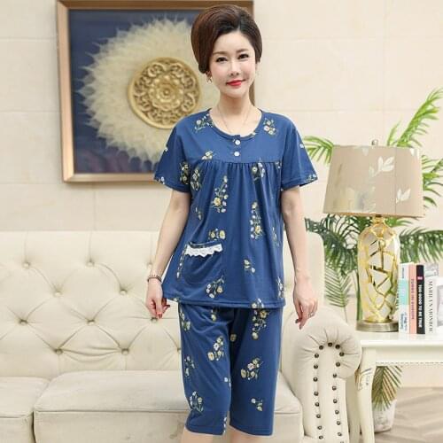 Plus Size XXXXL summer flower sleepwear women pajamas sets o-neck short sleeve pajama suit soft cotton women lace homewear suit