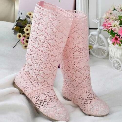 Hollow Womens Boots Breathable Knitted Net Boots High Tube Flat Single Boots Summer Sandals Lace Shoes Knee-length Womens Shoes
