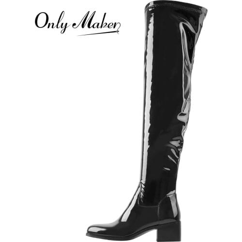 Richealnana Women Black Stretch Over the Knee Long Boots Shinning Patent Leather Low Chunky Heeled Round Toe Fashion Big Size