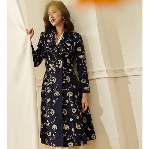 Fall Spring Vintage Women Clothes Embroidery Double Breasted Woolen Coat , Slim 3xl Flower Wool Coat for Woman